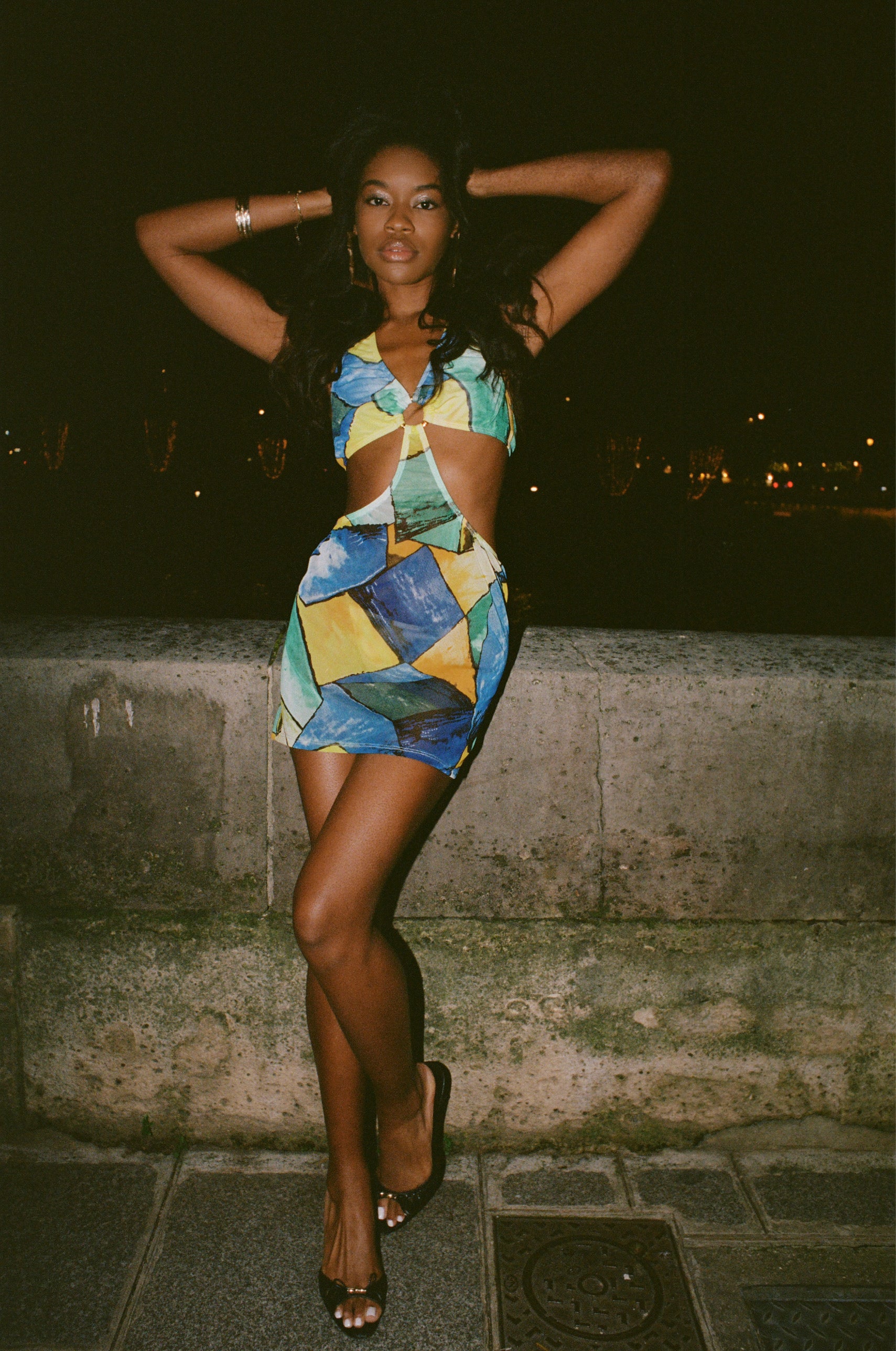 Blue and Yellow Lumière Short Halter Dress